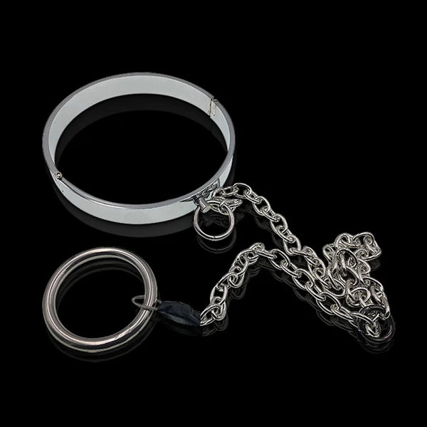 Metal Bondage Cosplay Neck Collar With Long Chain Cbt Bdsm Cock Ring For Couple Game