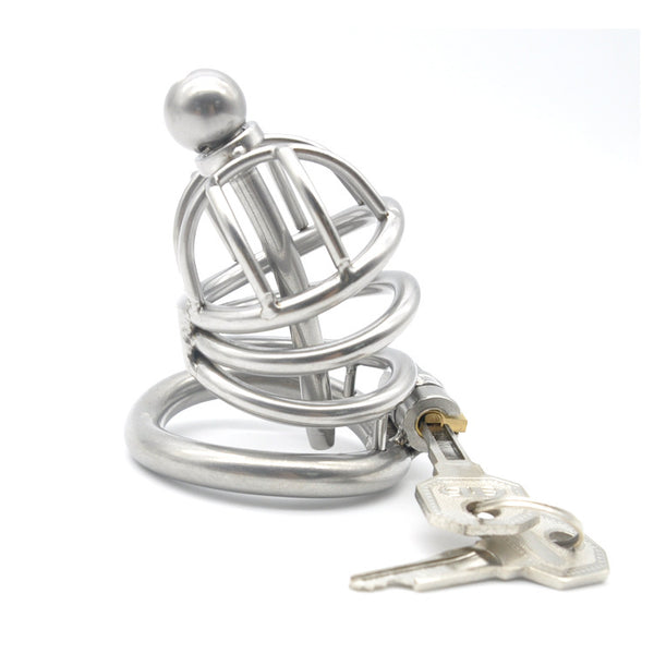 Locked Penis Chastity Device with Cather Stainless Steel Cock Cage