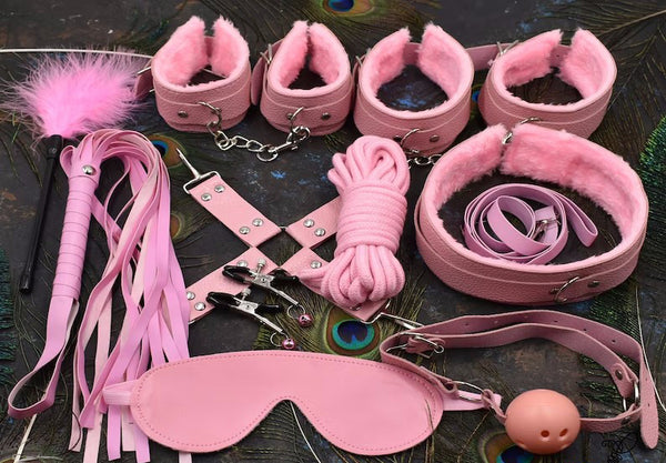 14 Piece Bondage BDSM Set Black, Leather, Sex Toys, Whip, Restraints, Cuffs, Gag, Adult, Rope