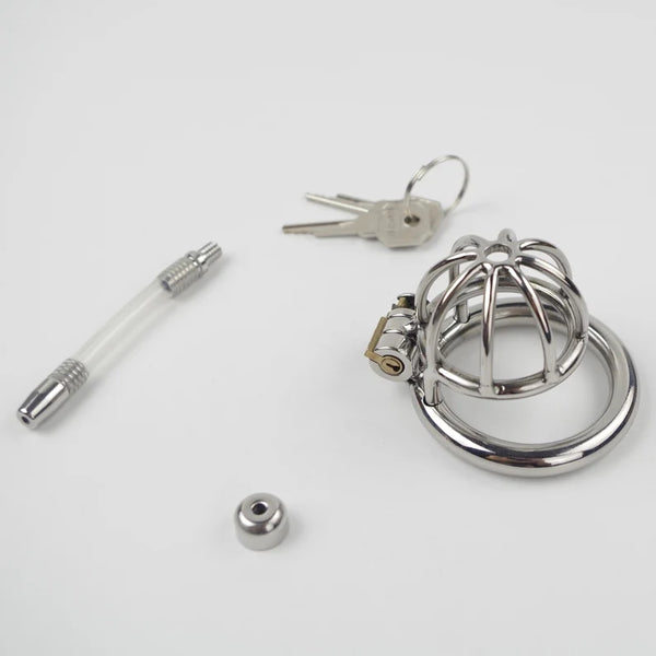 Male Chastity Device With Urethral Catheter Stainless Steel Cock Cage Penis Ring Lockable Small Penis for Men