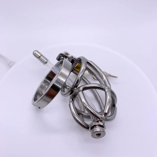 Stainless Steel Male Chastity Device Belt SM Cock Ring with Catheter