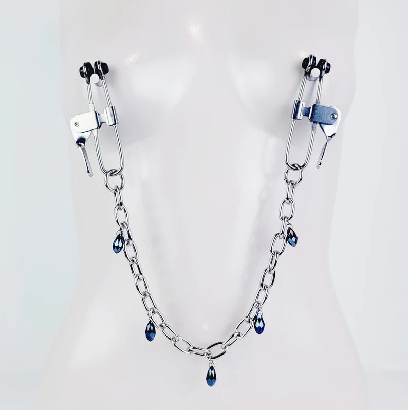 Nipple Press Clamps with Heavy Chain and Crystals. MATURE, BDSM